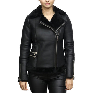 Women B3 Bomber Raf Aviator Flying Sheepskin Shearling Black Leather J