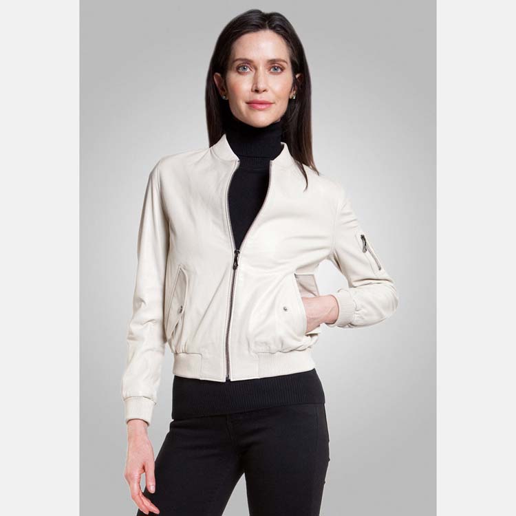 Buy Women’s White Leather Bomber Jacket Online at Best Price