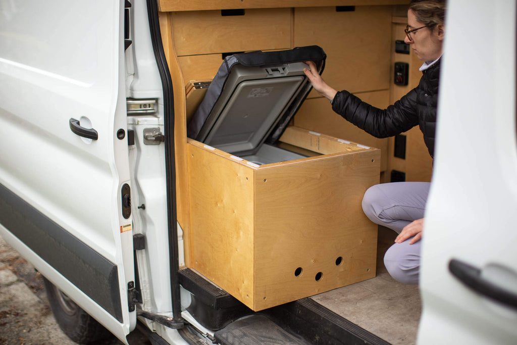 Firdge storage cabinet in van conversion