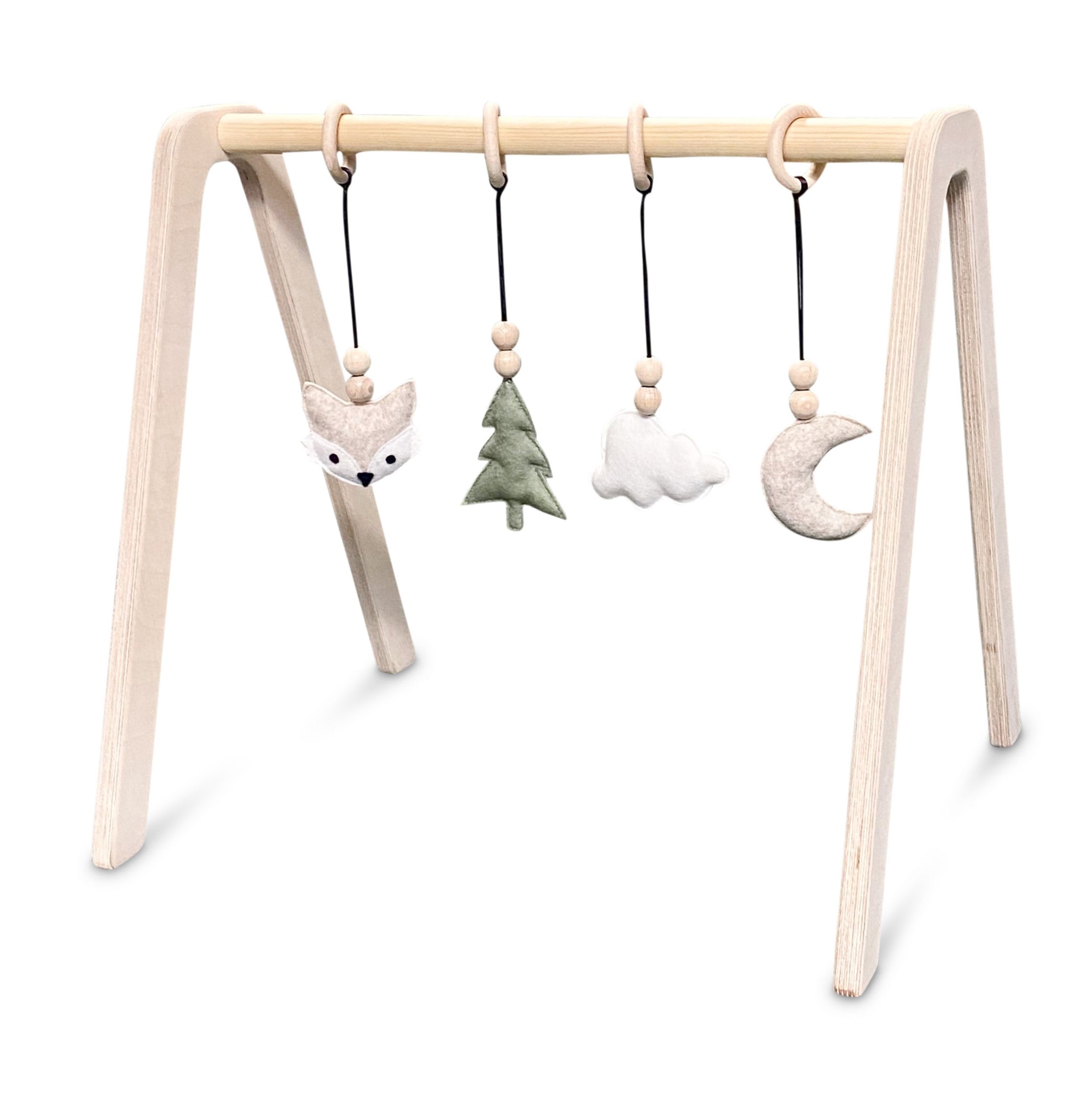 Goederen scherm weekend Blank houten babygym , met bosdieren hangers , speelboog massief hout |  Handgemaakte playgym voor baby – toddie.nl