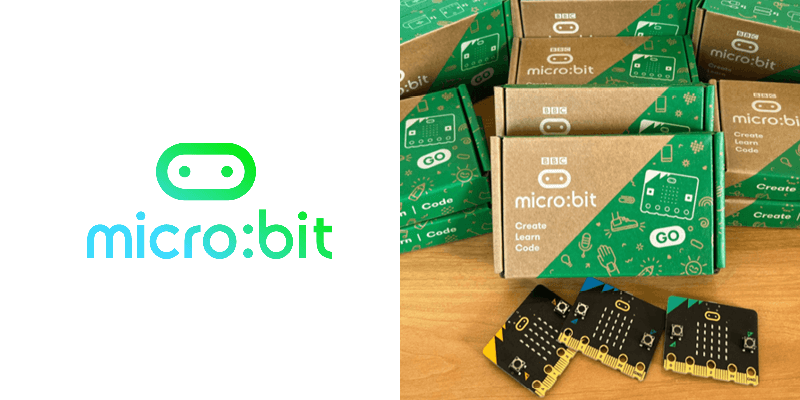 micro:bit logo next to image of micro:bits and micro:bit product boxes