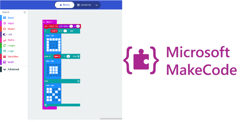 Microsoft MakeCode logo next to image of block-based coding program