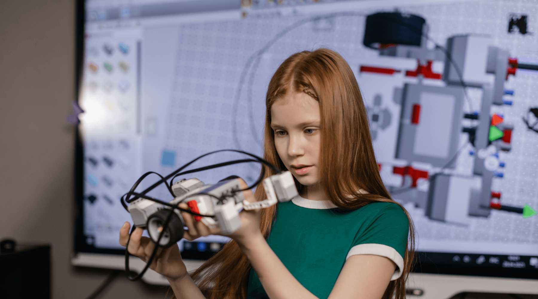 Student in a classroom holding a robotics kit