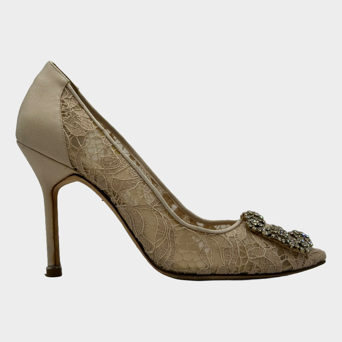 image of Manolo Blahnik beige lace crystal buckle pumps Hangisi jewel buckle pumps