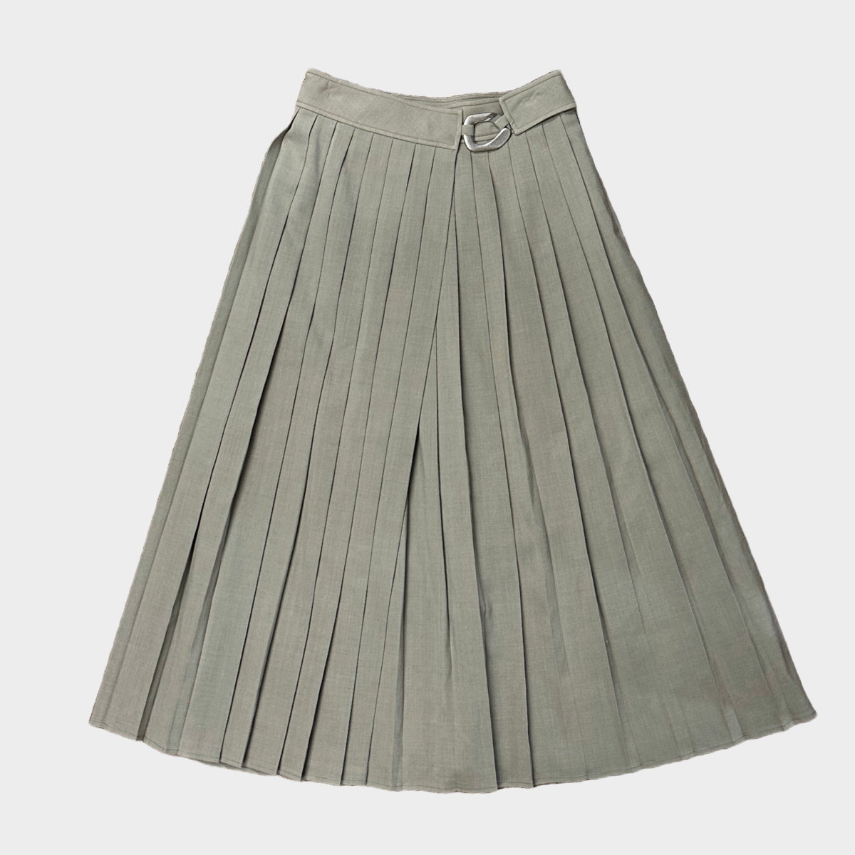 Image of Rejina Pyo green wool blend pleated skirt with metal buckle detail