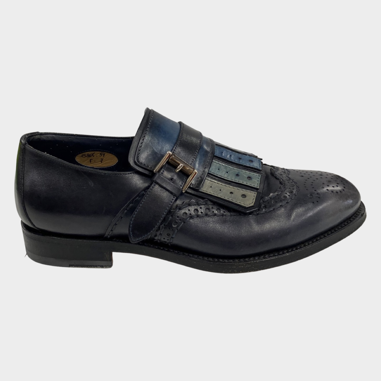 Image of Santoni men's black leather loafers with ombre blue details