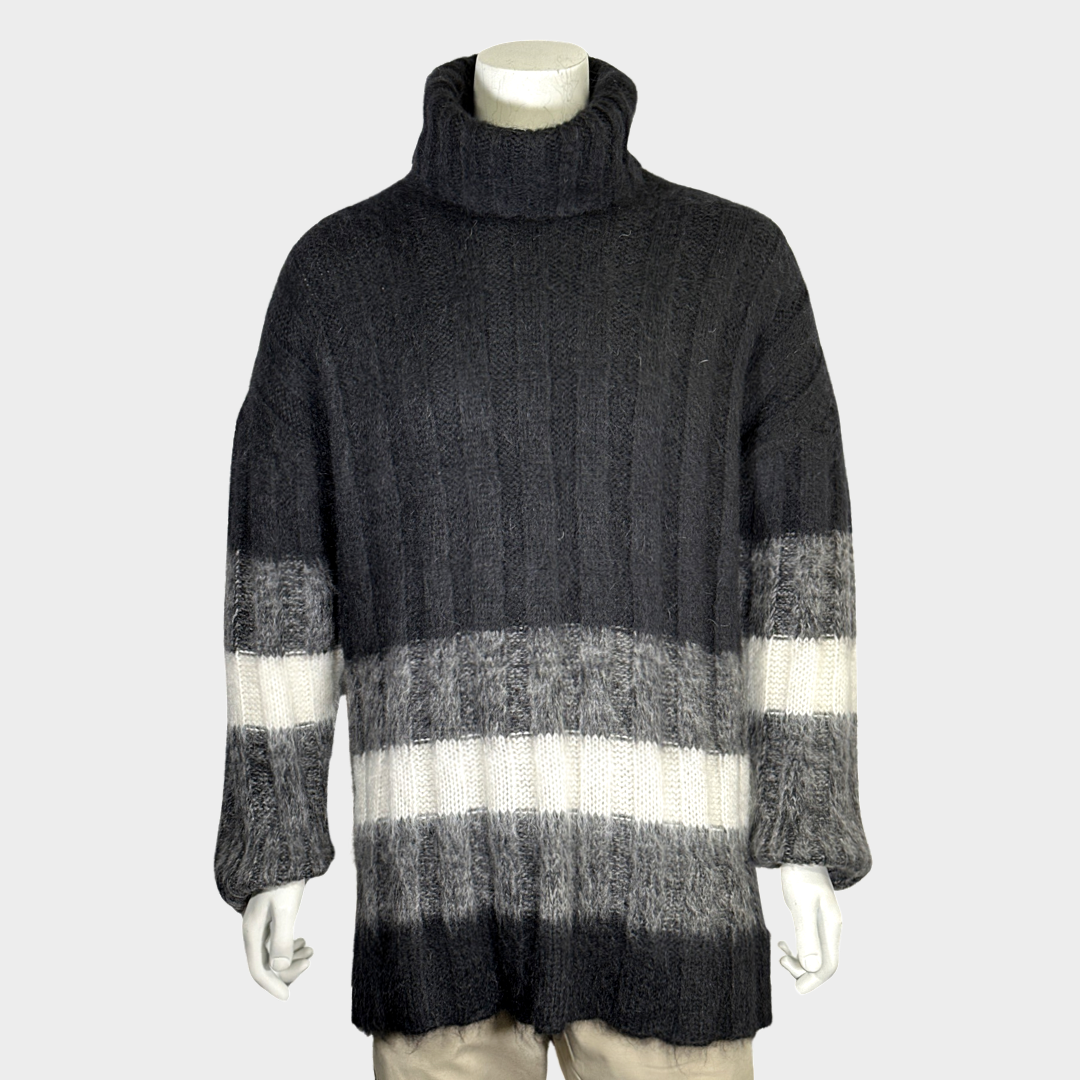 image of Qasimi men's black and white striped wool oversized roll neck jumper