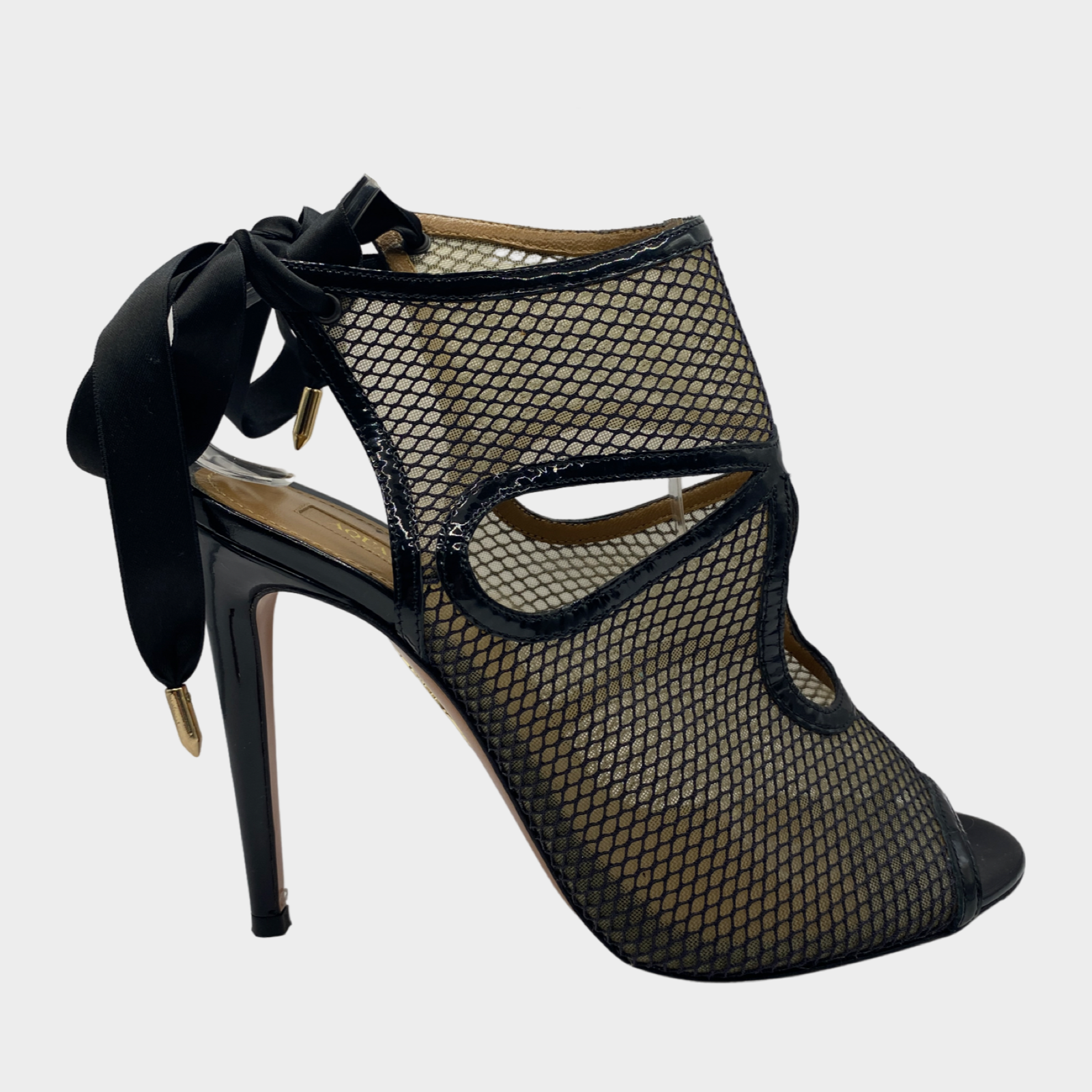 Image of Aquazzura black fishnet mesh panel heels with ribbon details