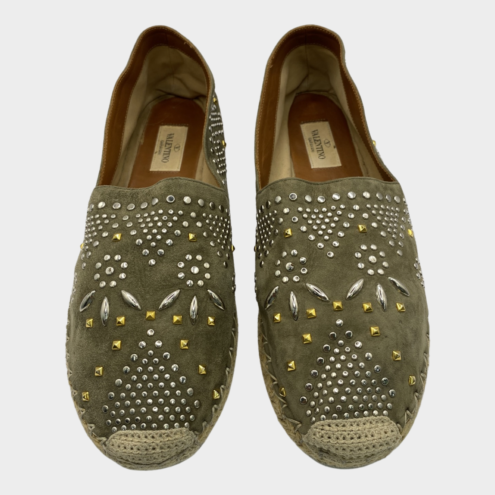 Image of VALENTINO women's khaki studded slip-on espadrilles