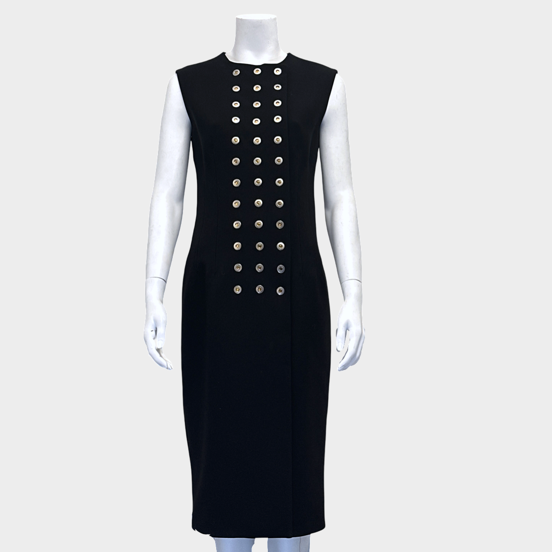 image of BALENCIAGA black triacetate sleeveless metal ring dress