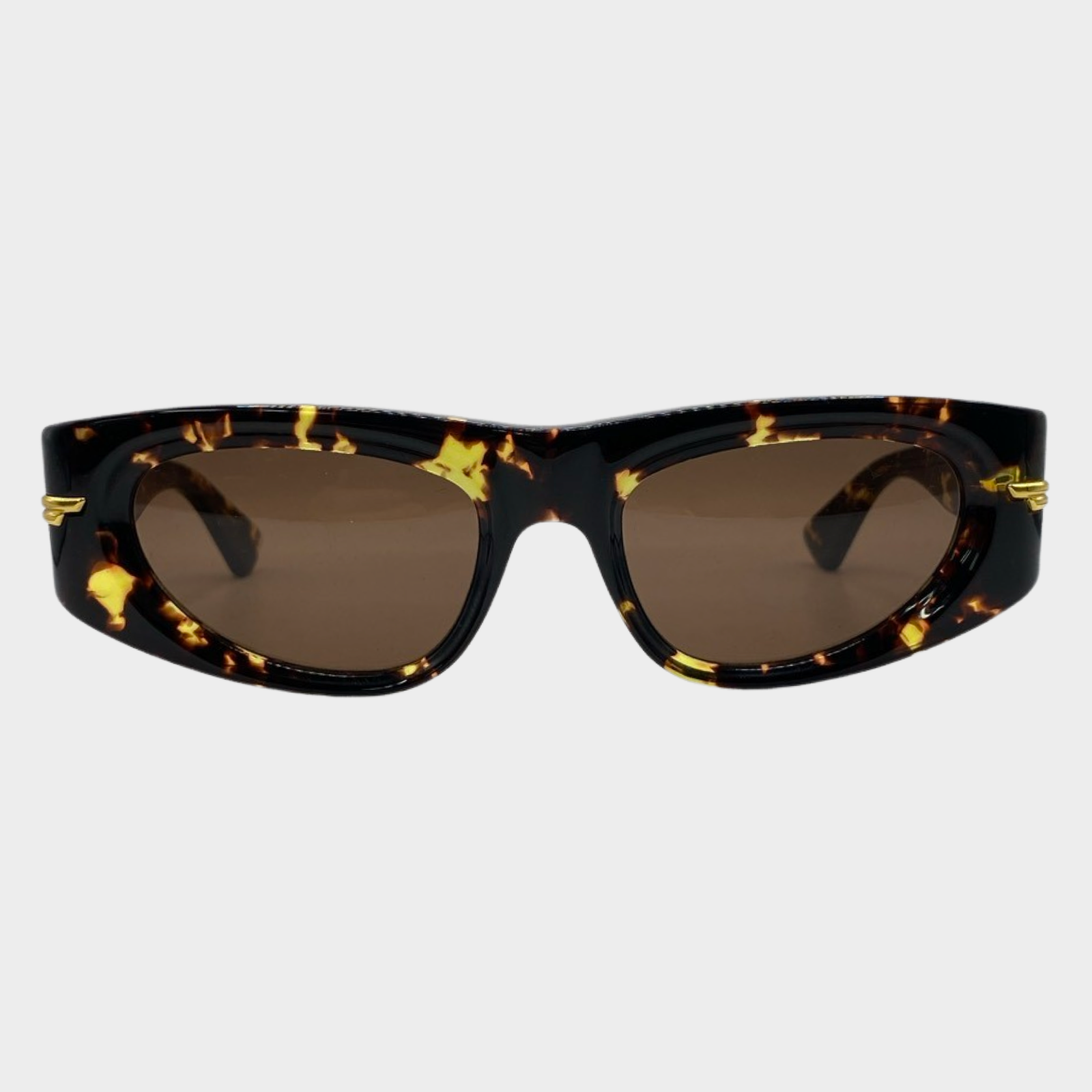 image of Bottega Veneta women's brown tortoise shell long gold detail sunglasses