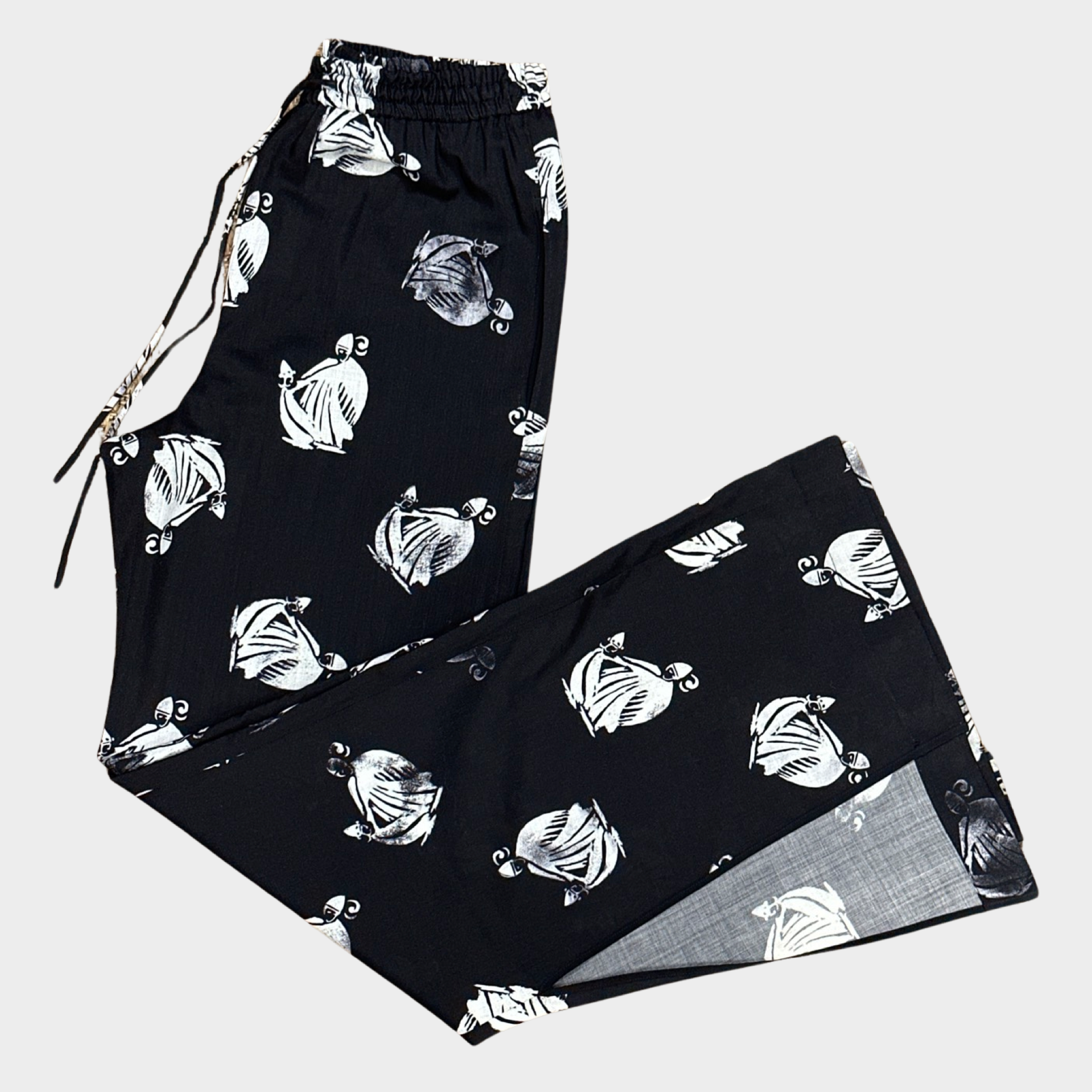 Image of LANVIN women's black and white mother and child print silk palazzo trousers