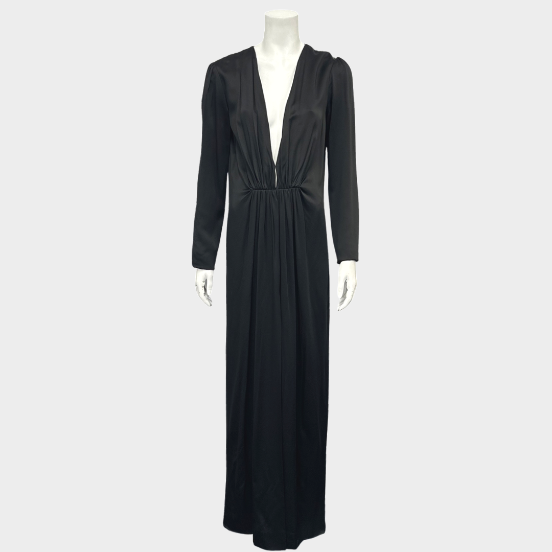 image of Saint Laurent black silk long sleeves maxi dress with drapes at the front