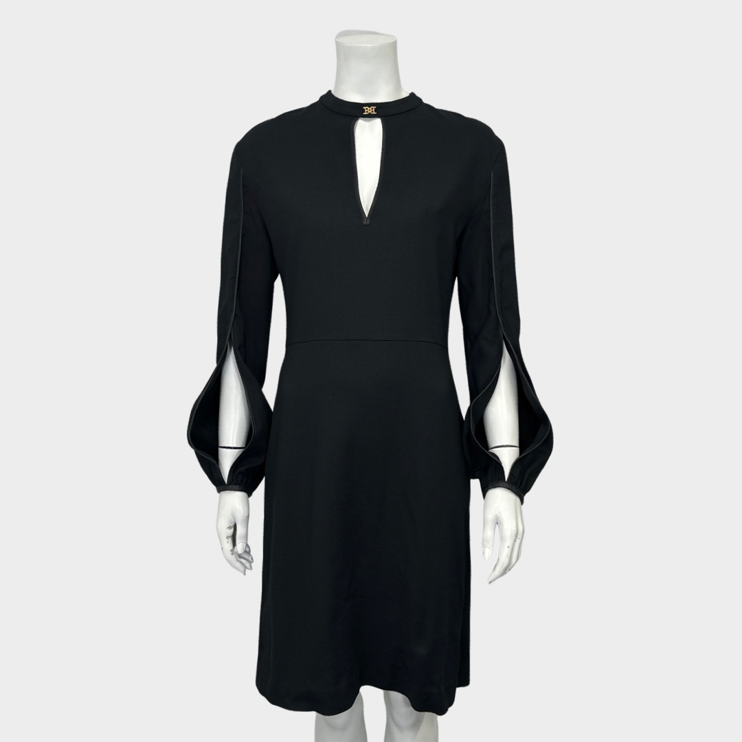 image of BALLY women's black viscose long-sleeved dress with leather hems on the cuts