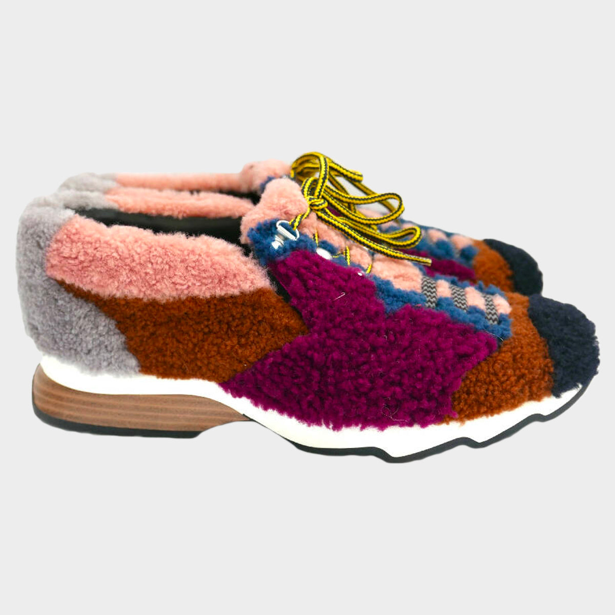 image of Fendi women’s multicoloured shearling patchwork trainers