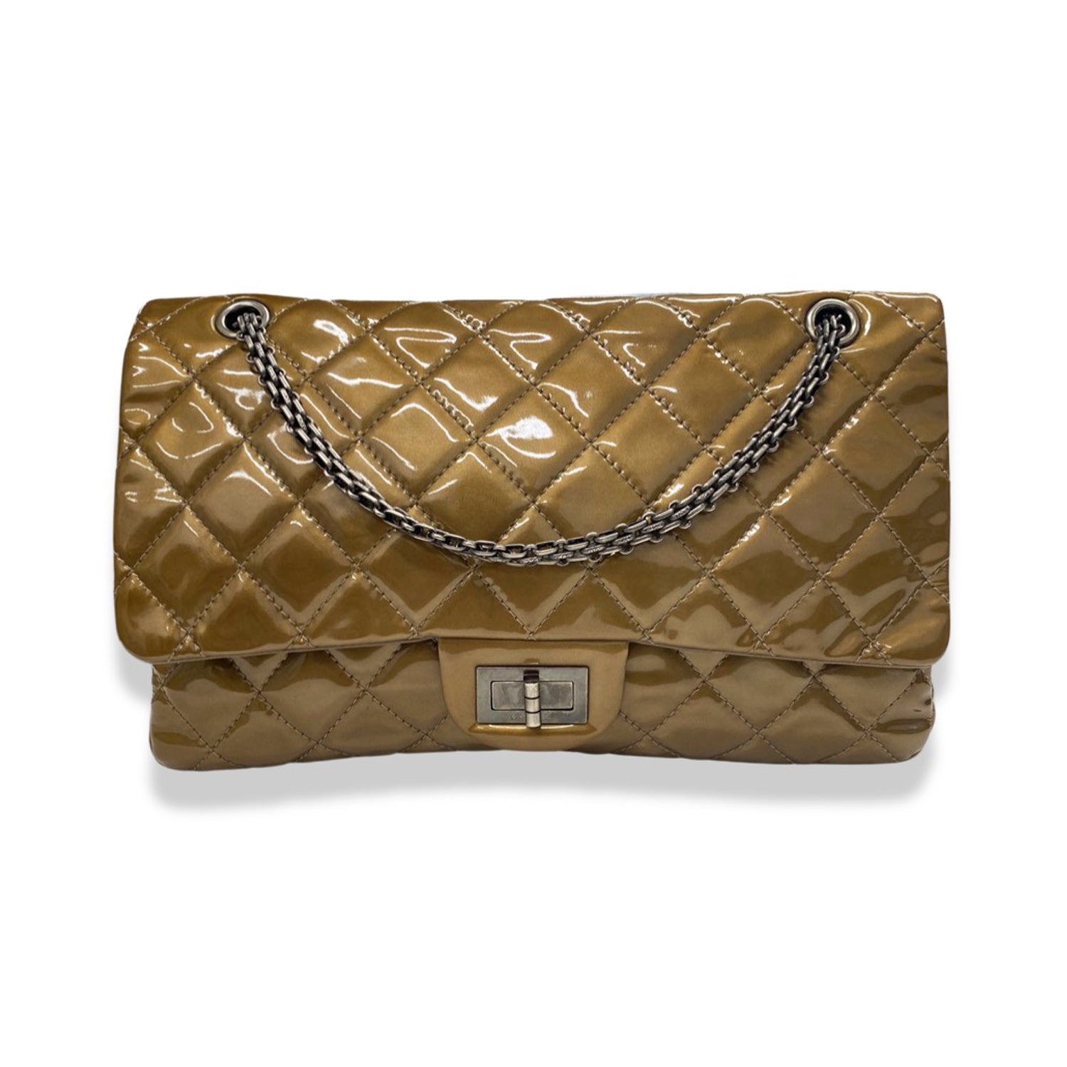 image of CHANEL 2.55 gold patent leather handbag