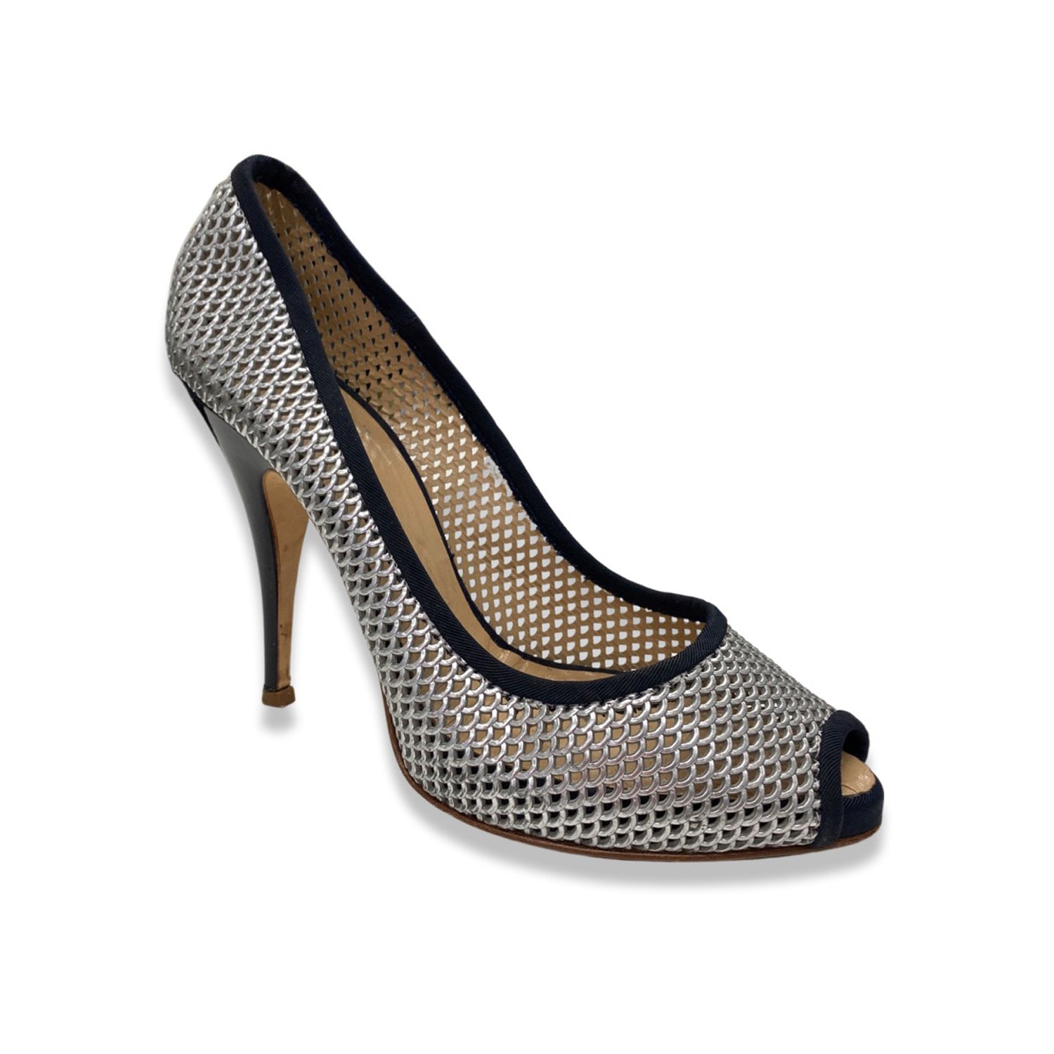 image of GIUSEPPE ZANOTTI silver and navy mesh patent leather open toe pumps