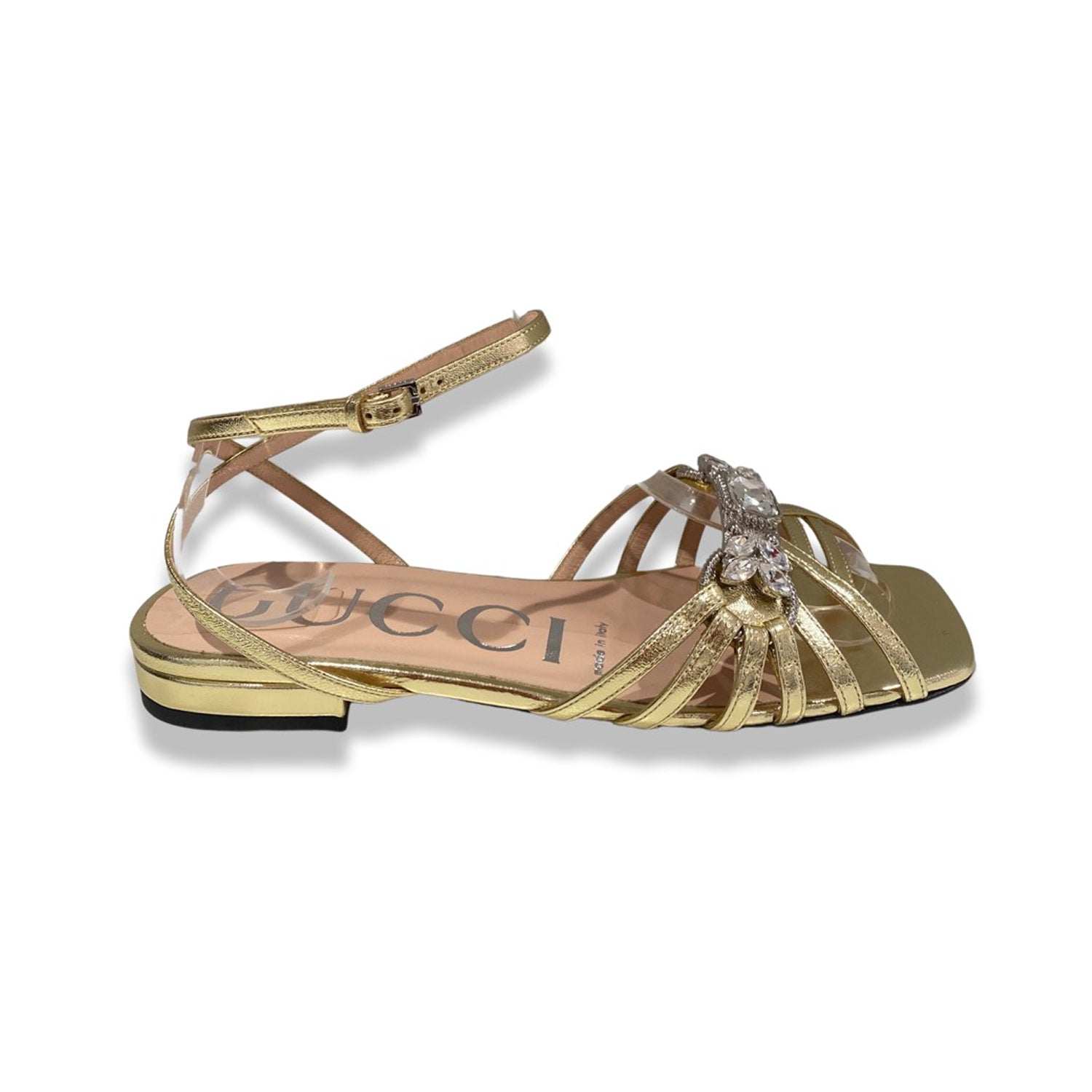 image of GUCCI gold leather sandals with crystals