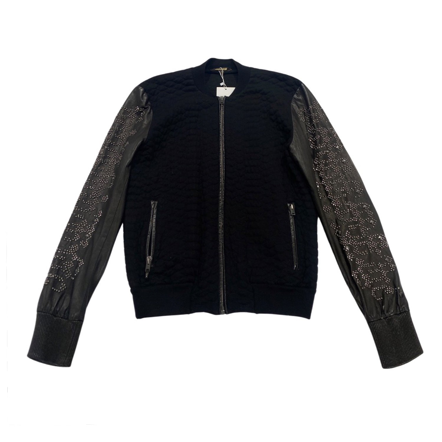 Image of ROBERTO CAVALLI black studded leather and woolen zipped jacket