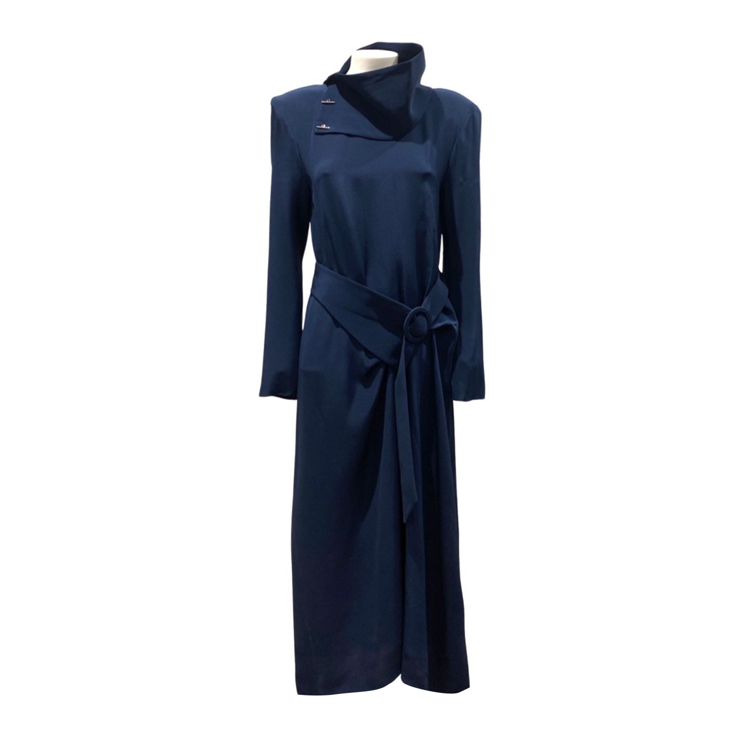 image of TIBI navy silk belted dress