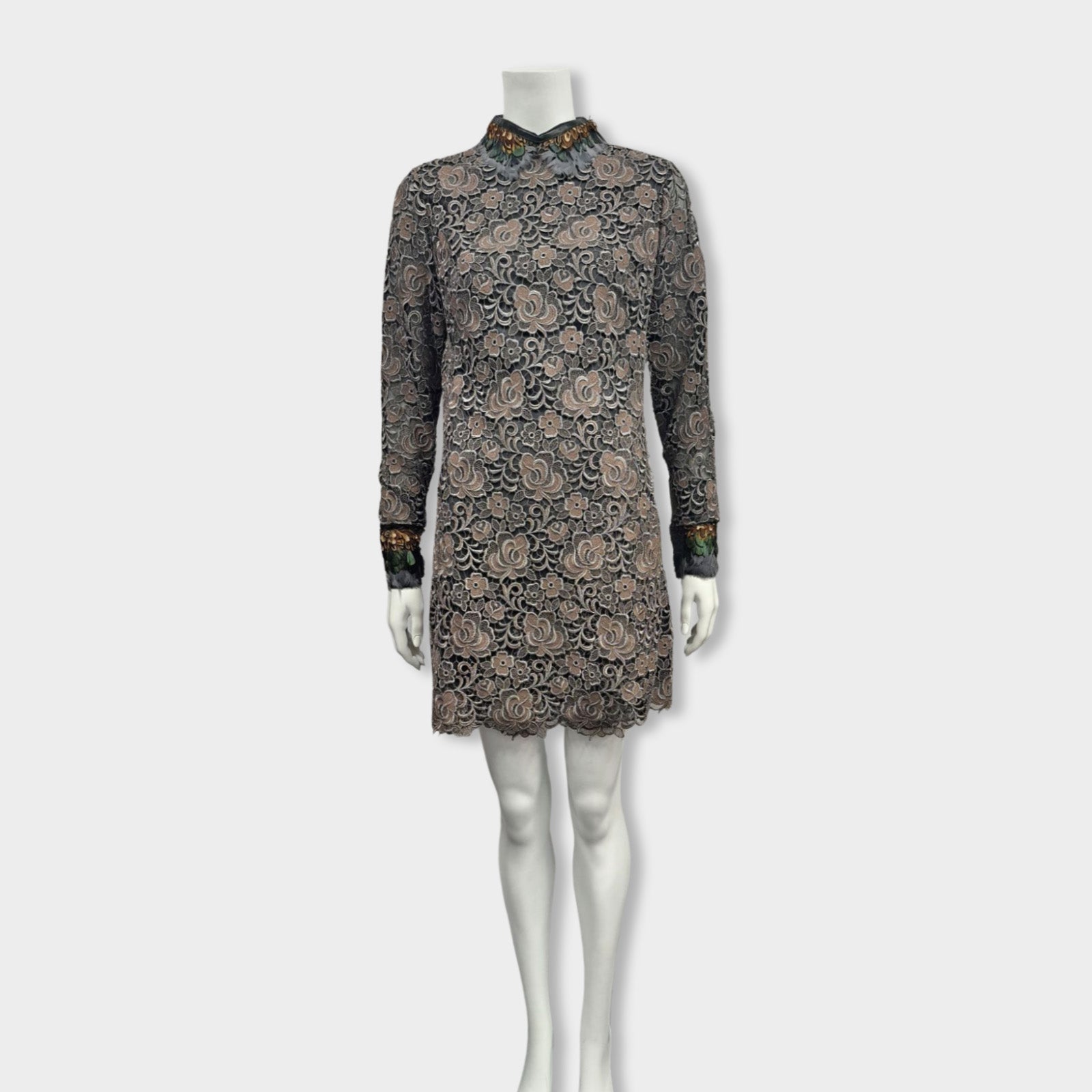 image of VALENTINO brown guipure dress with feather details