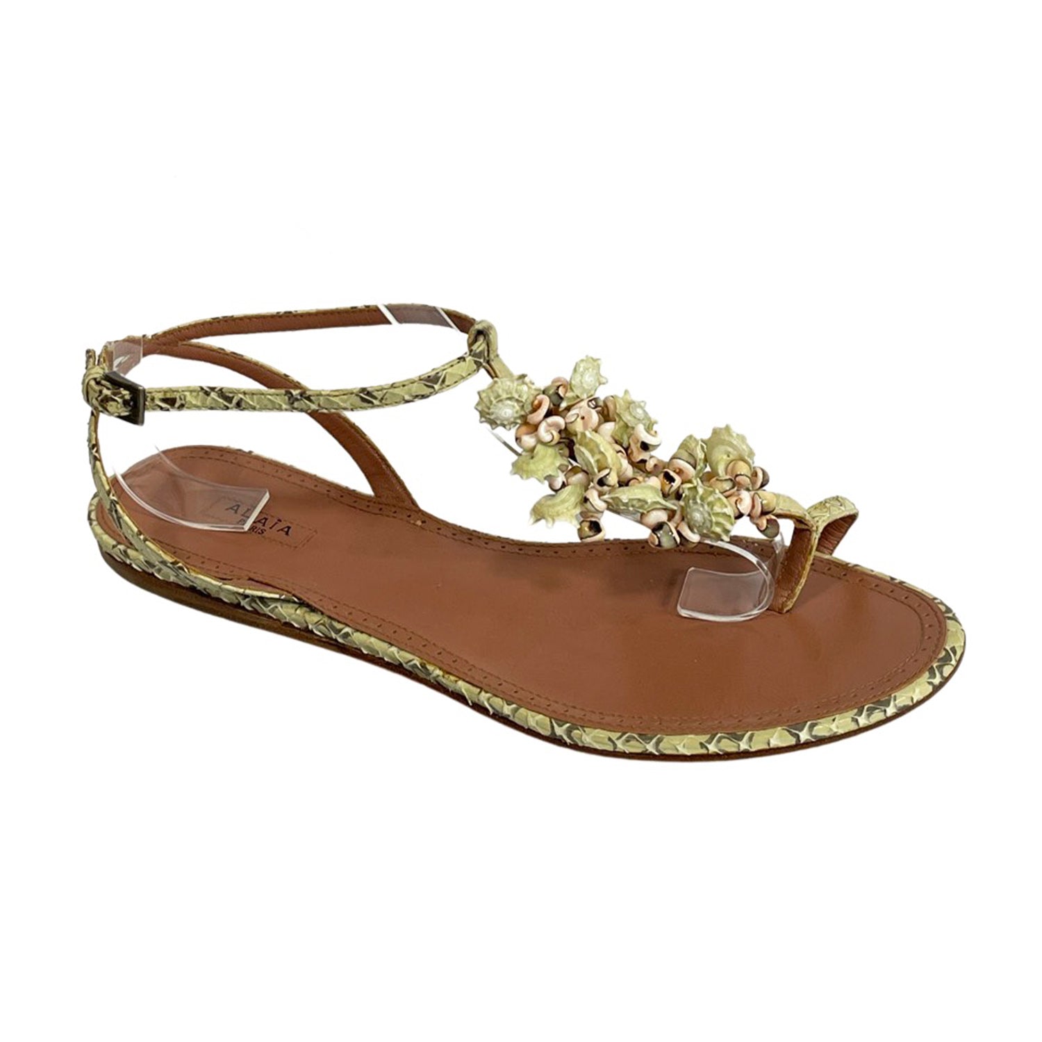 image of Alaïa lemon yellow python leather sandals with shell details