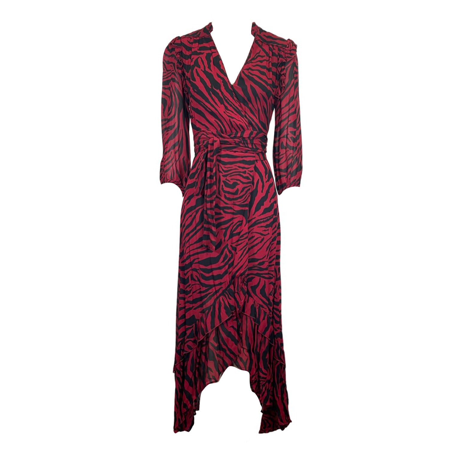 image of BA&SH burgundy animal print viscose belted dress | Size 0