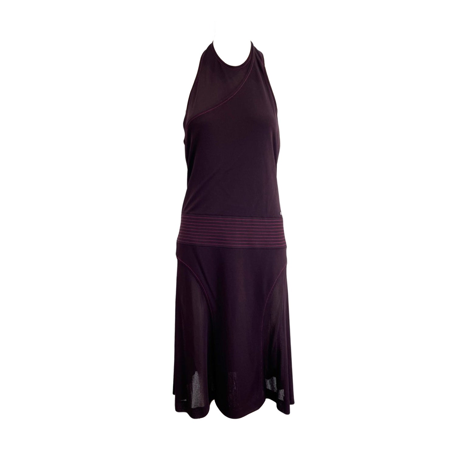 Image of Chanel burgundy and plum viscose mid-length dress with pink stitches