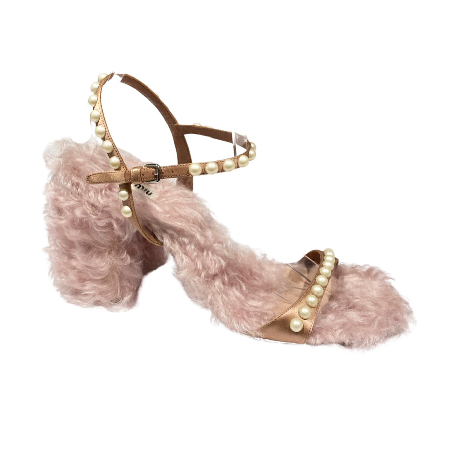 image of Miu Miu pink fur sandals with pearls