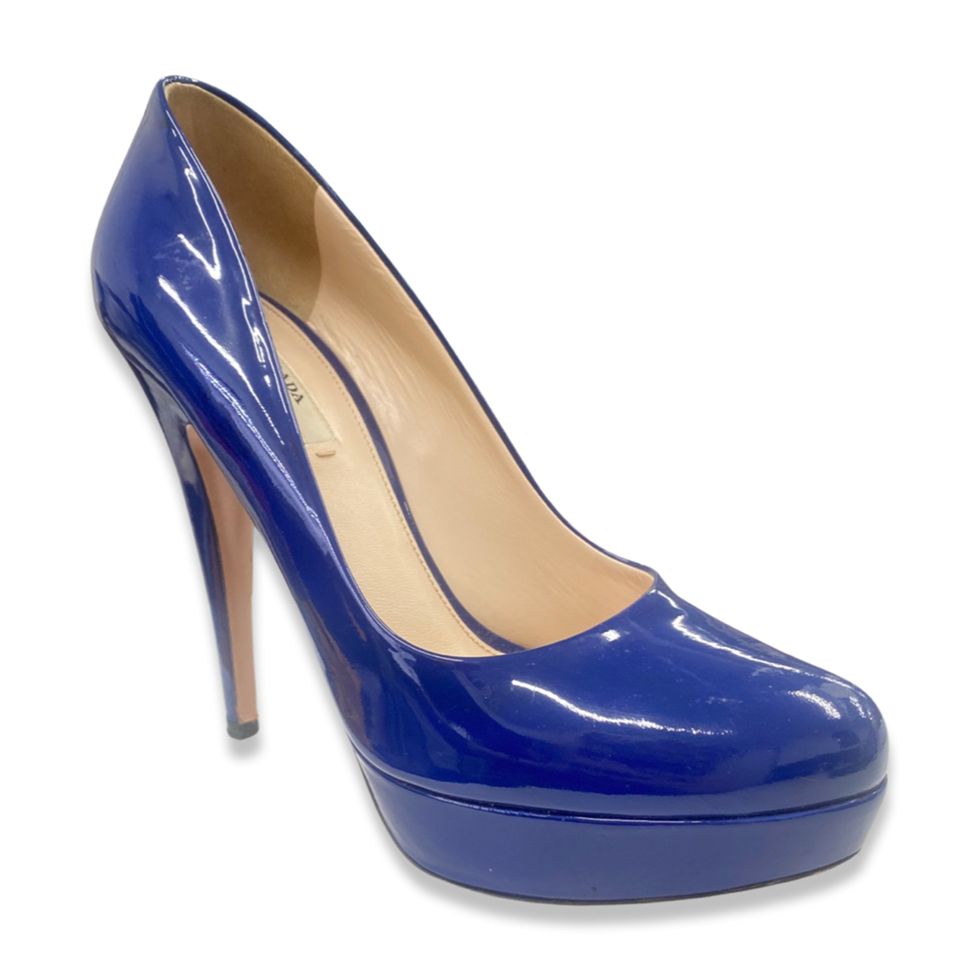 image of PRADA blue patent leather platform heels