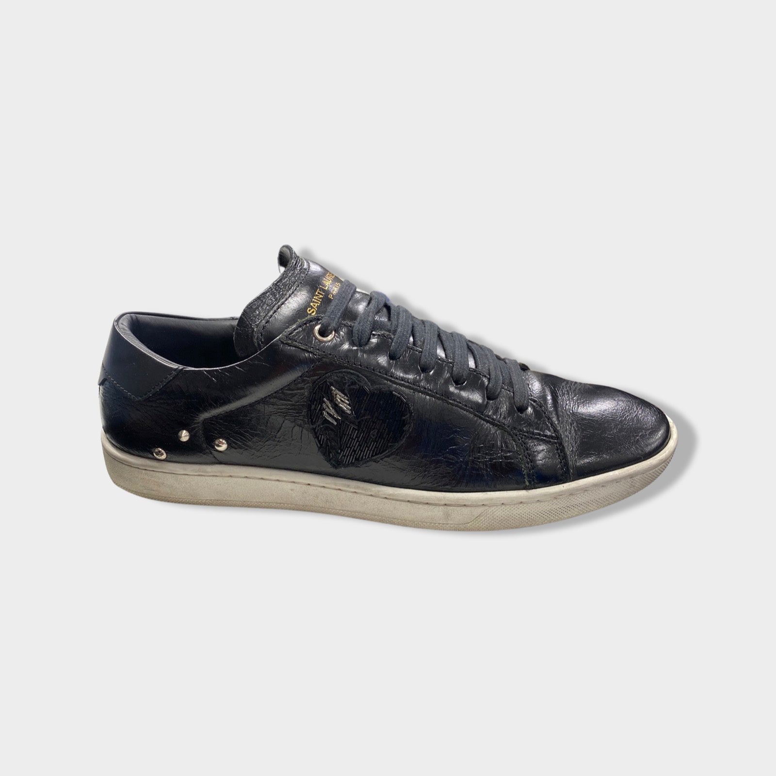 image of SAINT LAURENT black leather heart bead-embroidered trainers