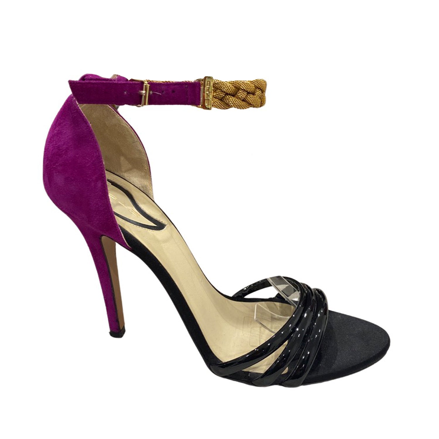 Image of ETRO fuchsia, gold, and black suede heels