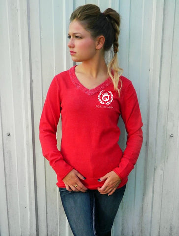 Barn Day Sweater modeled in Red by Equestrianista