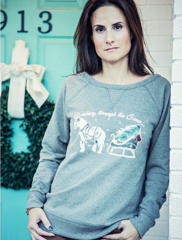 Equestrian Lifestyle Blogger Horse Glam modeling the Equestrianista One Horse Open Sleigh Holiday Sweater. 