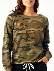 Equestrian ista long sleeve sweatshirt in camo and orange by Equestrianista Brand Apparel.