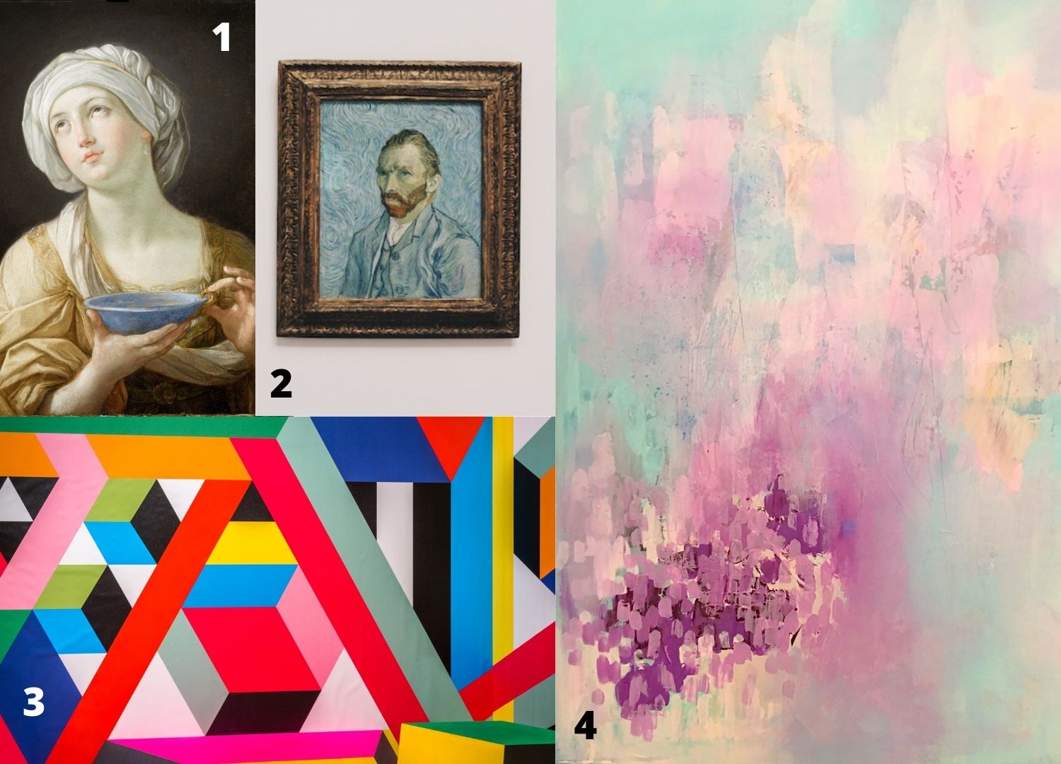 4 different art styles put together in a collage, modern art, abstract, realism, van gogh