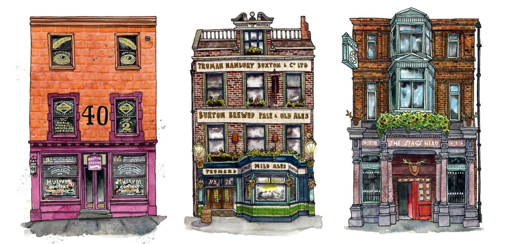 Three watercolour and ink buildings in a row