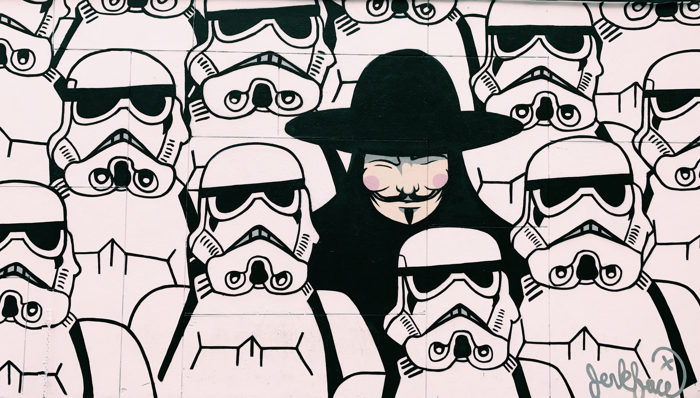 Richard Thompson Unsplash Image - Guy Fawkes standing in the middle of Storm Troopers illustration 