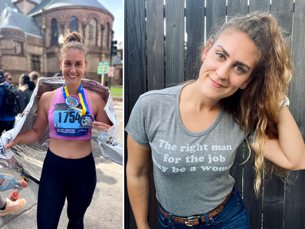 Kate Gunderson finished the Boston Marathon and rocks her Xena Workwear shirt