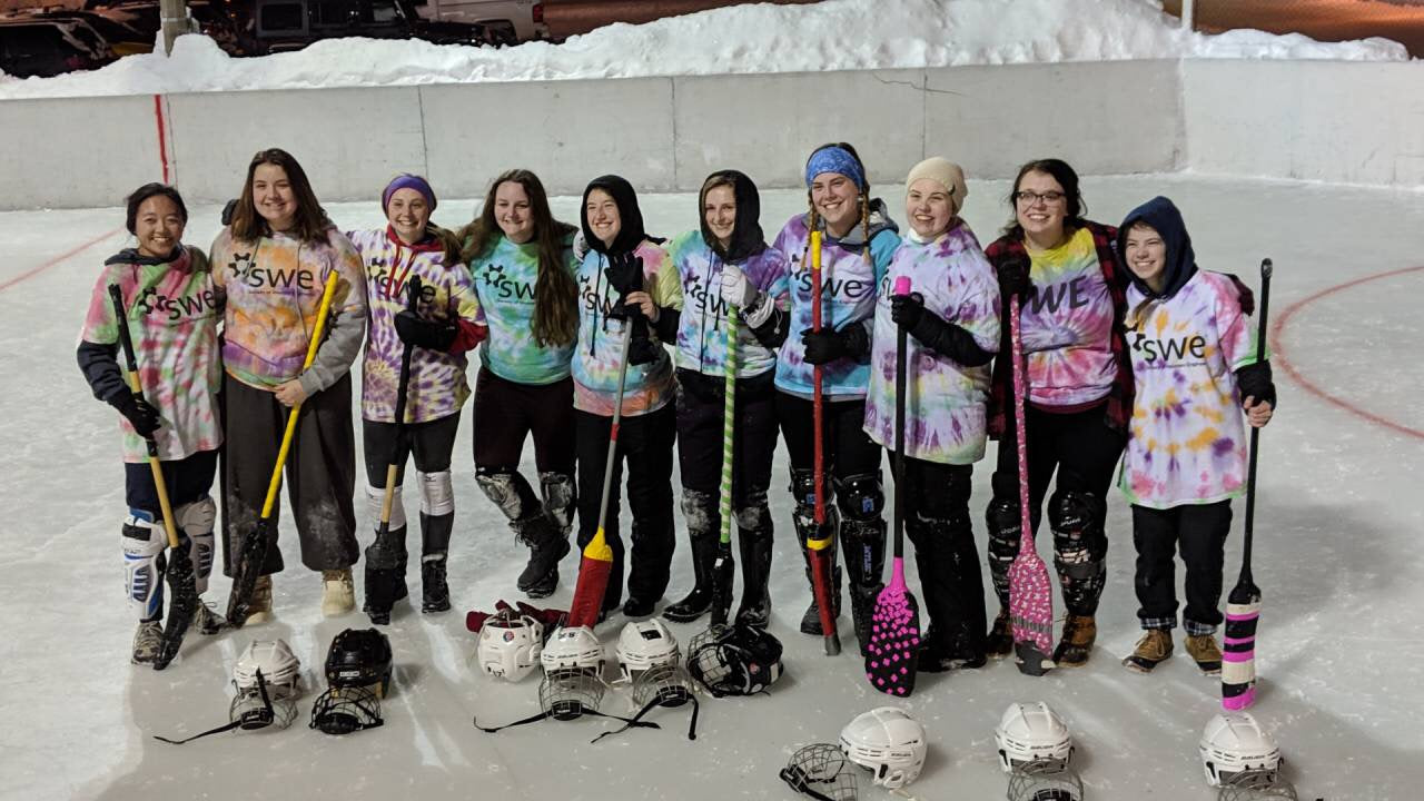Katy Pioch and the Michigan Tech SWE chapter playing broomball