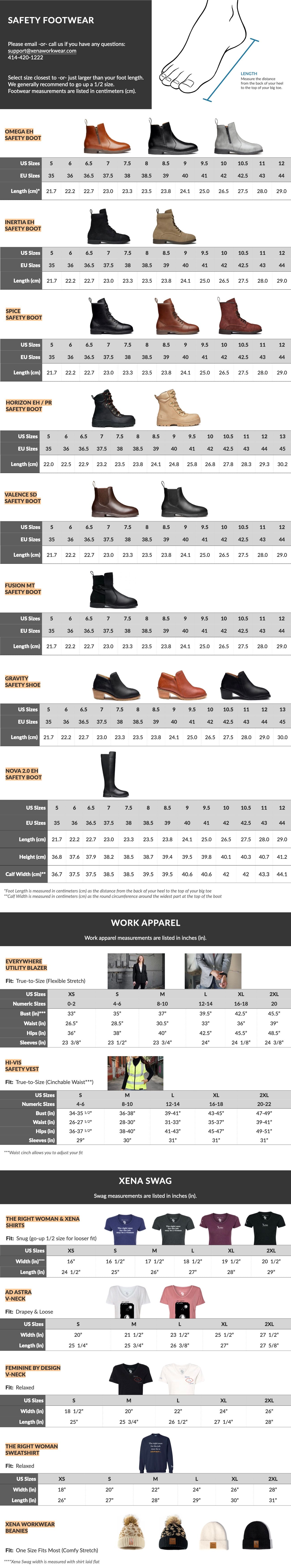 Stylish Steel Toe Boots, Safety Shoes, Work Apparel, Blazers, Hi-Vis Safety Vests, Shirts, and Beanies designed for Women by Women from Xena Workwear - Global Size Chart