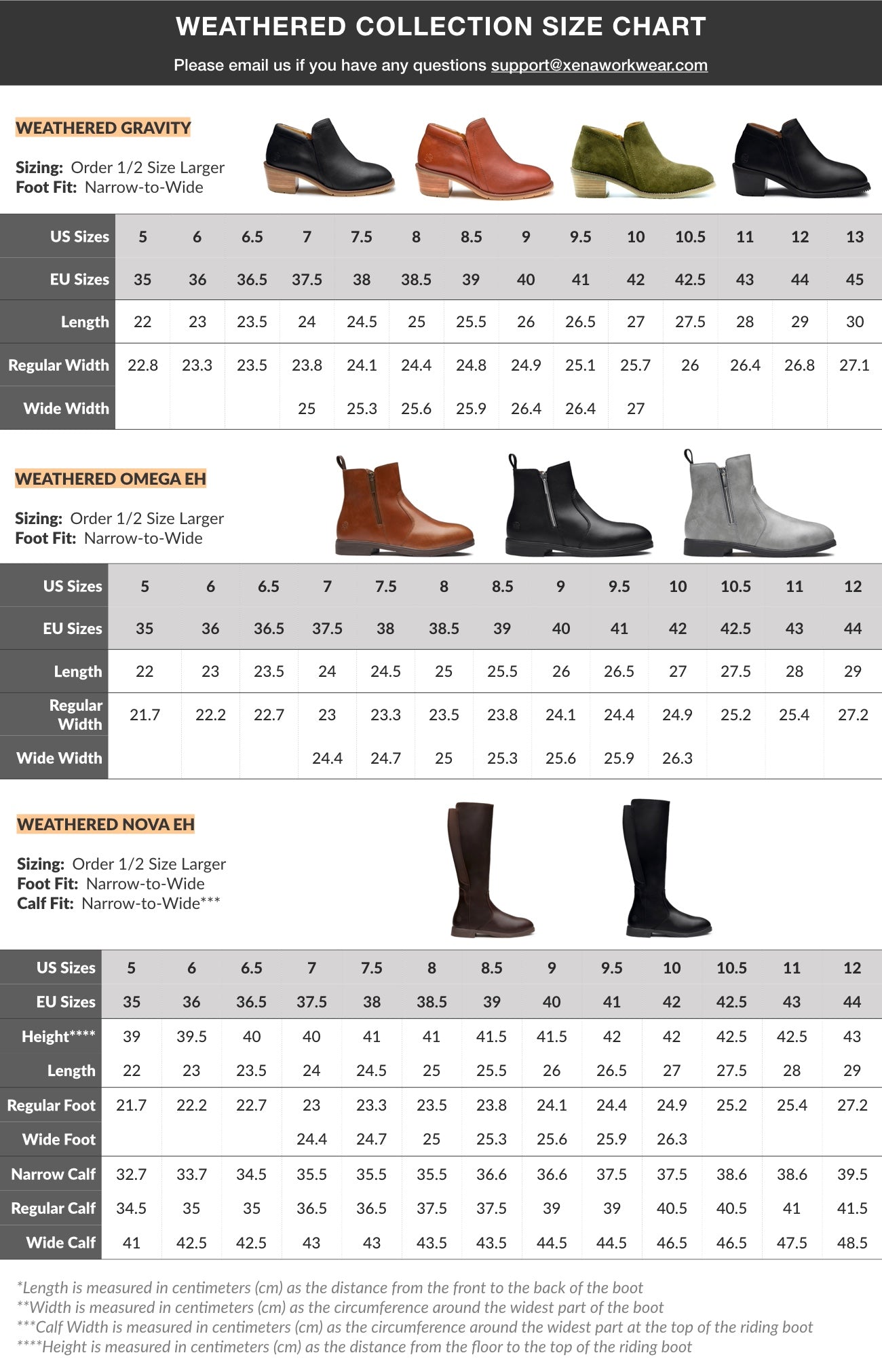 Weathered Collection Size Chart – Xena Workwear