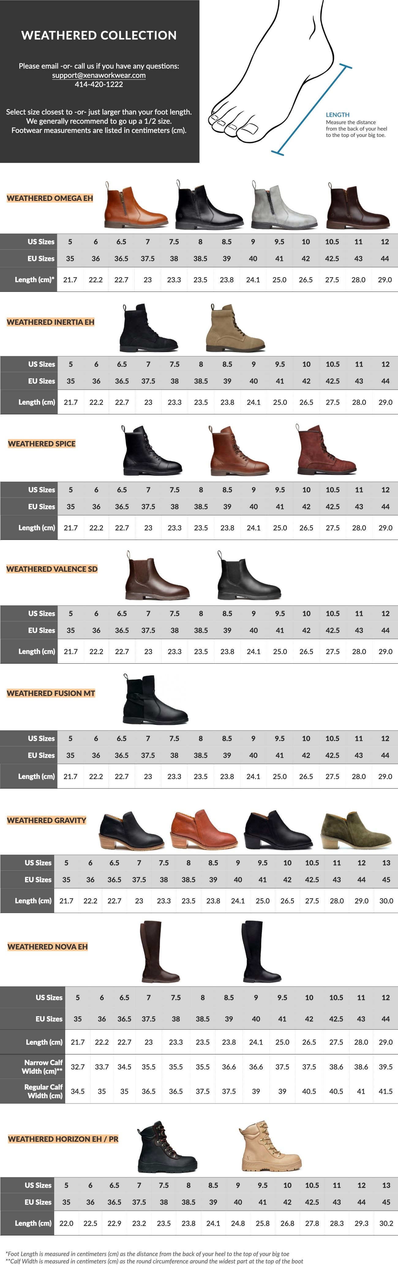 Weathered Collection Size Chart
