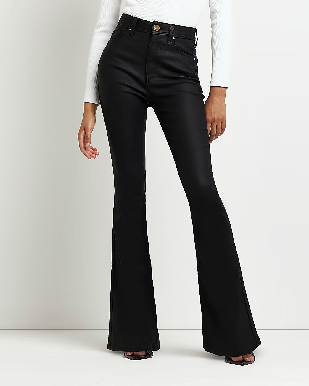 BLACK COATED HIGH WAISTED FLARED JEANS