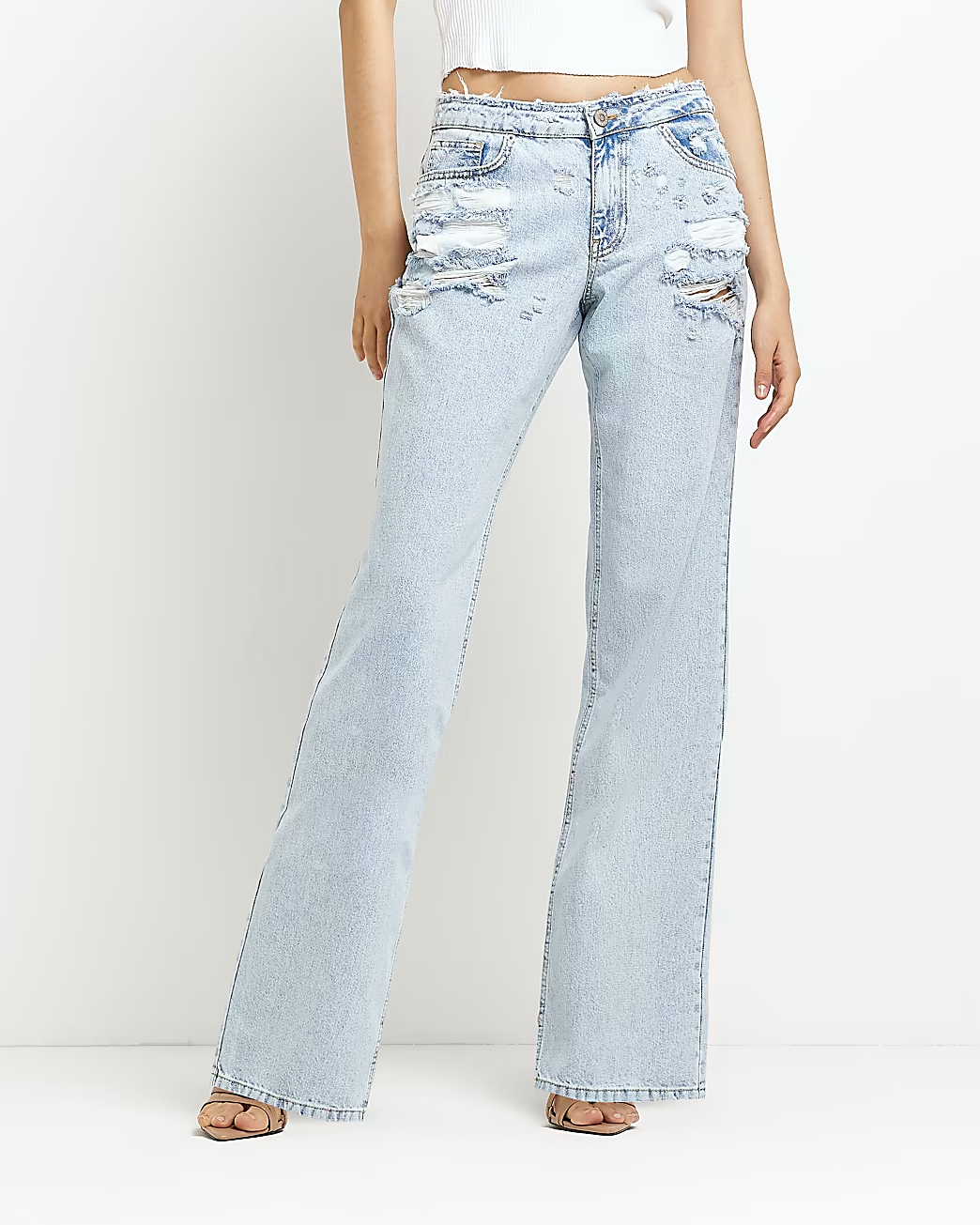 BLUE RIPPED MID RISE STRAIGHT LEG JEANS