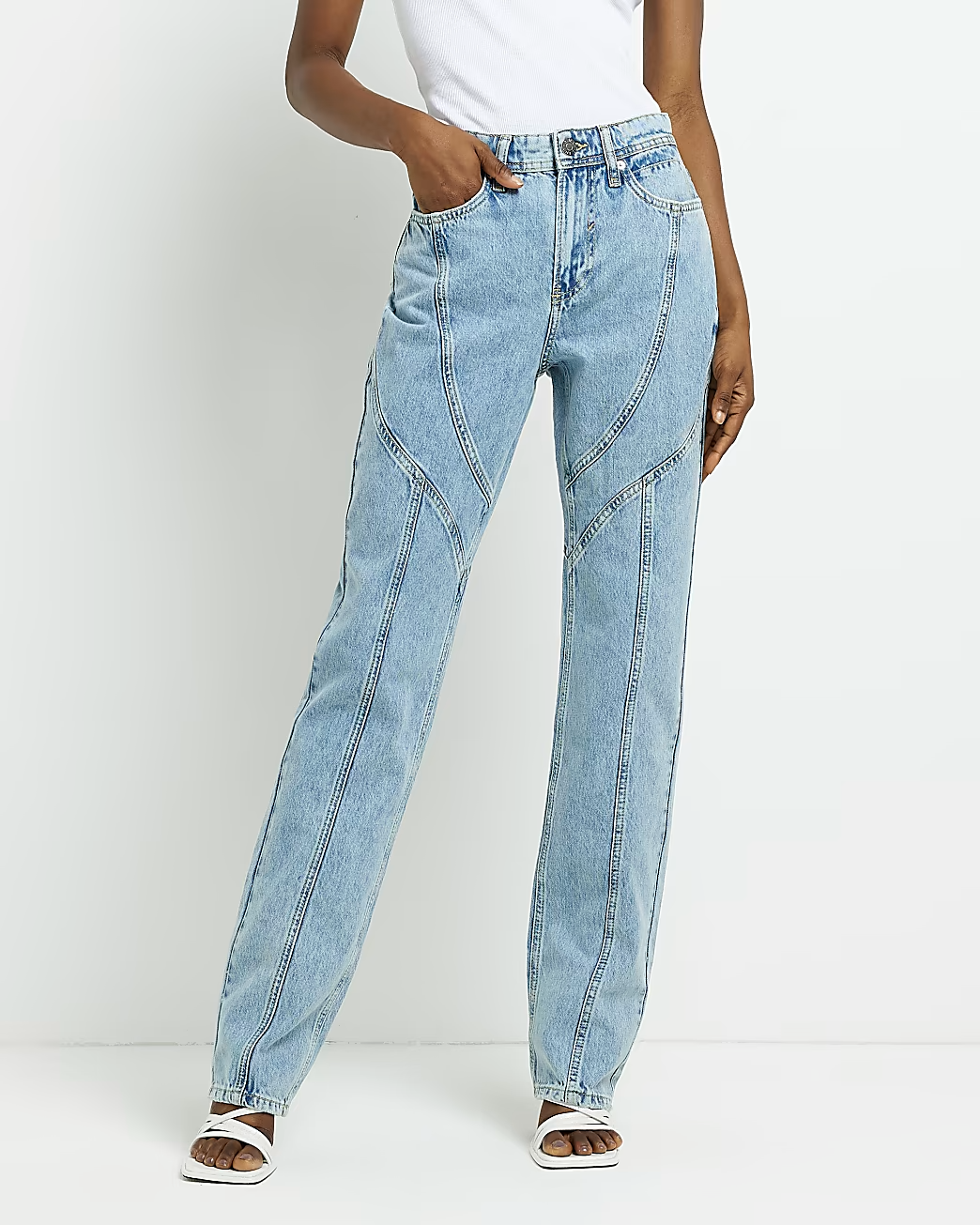 BLUE HIGH WAIST SEAMED SLIM JEANS