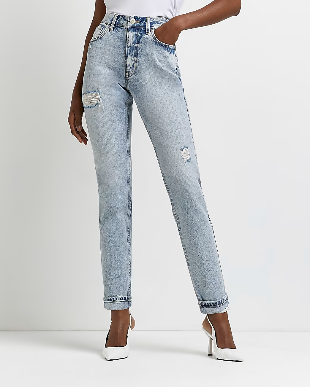 BLUE RIPPED HIGH WAISTED MOM JEANS