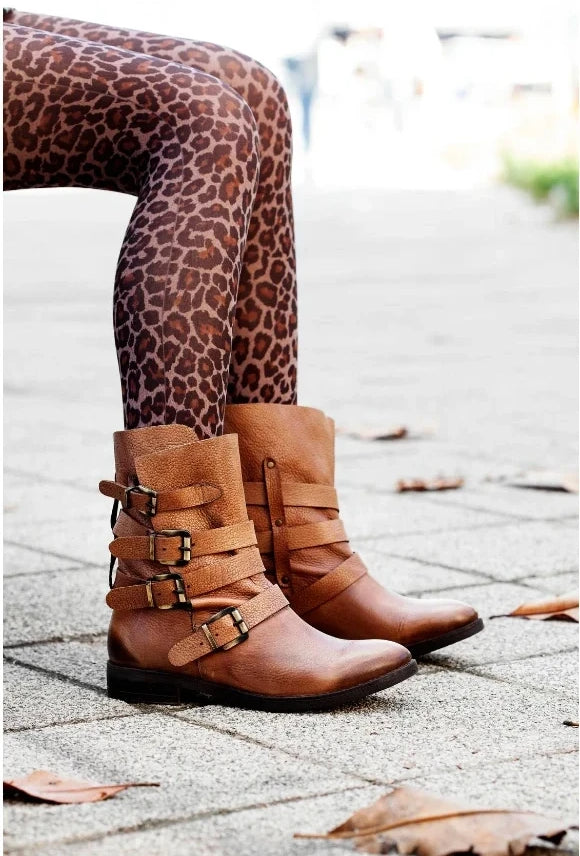 Brown mid calf strapped boots