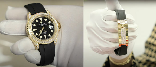Rolex Yachit-Master 42mm with fully iced out yellow case and clasp, and black dial.