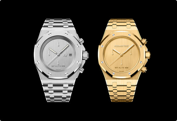 White and Yellow Gold 1017 Alyx 9SM and Audemars Piguet Collab watches side by side.